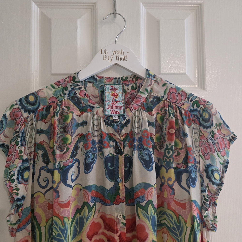 SUPER CLEAN Johnny Was Short Sleeve Button Front Printed Blouse Size Large - Picture 4 of 7